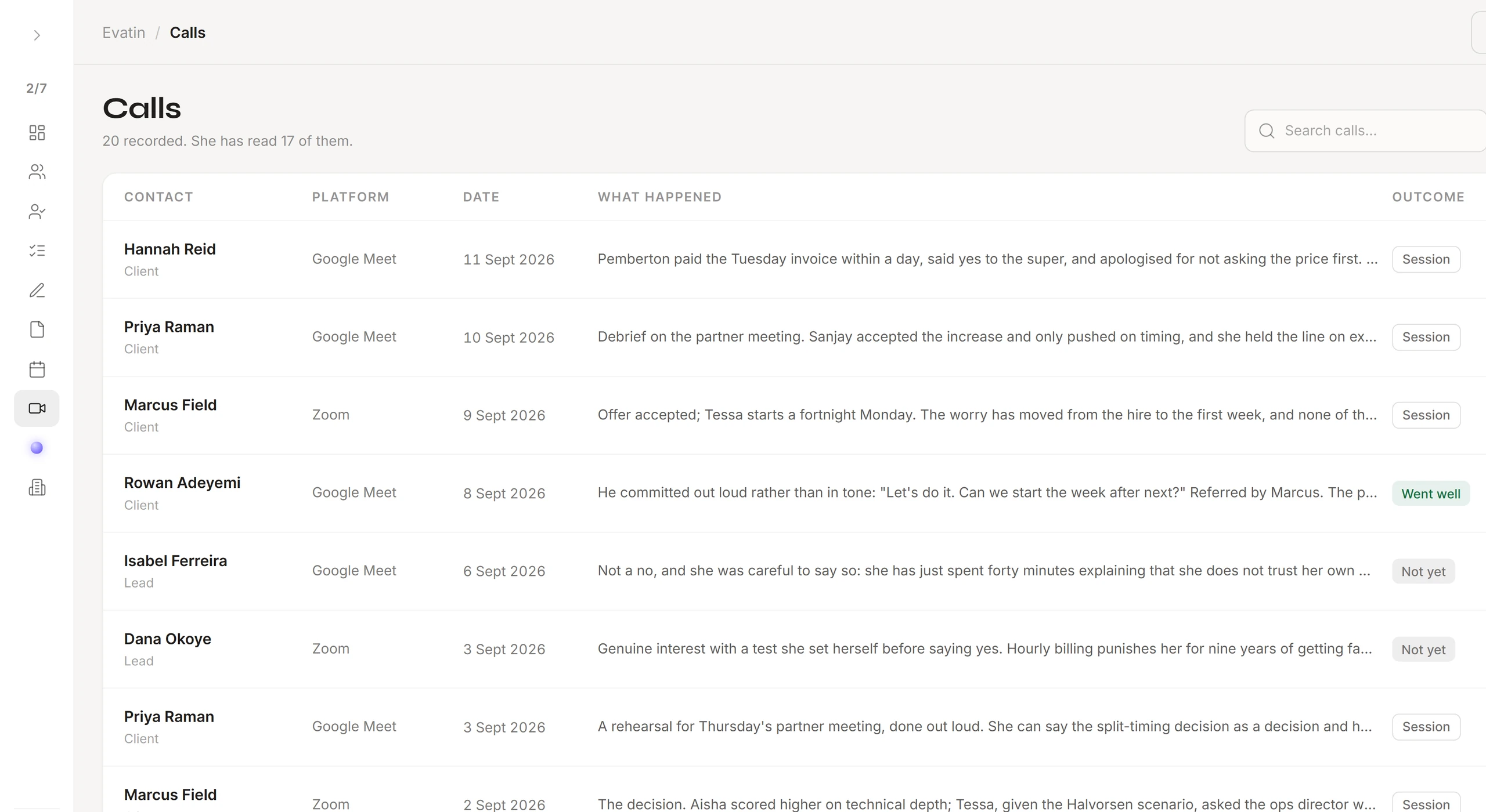 The Calls page, every call with what happened