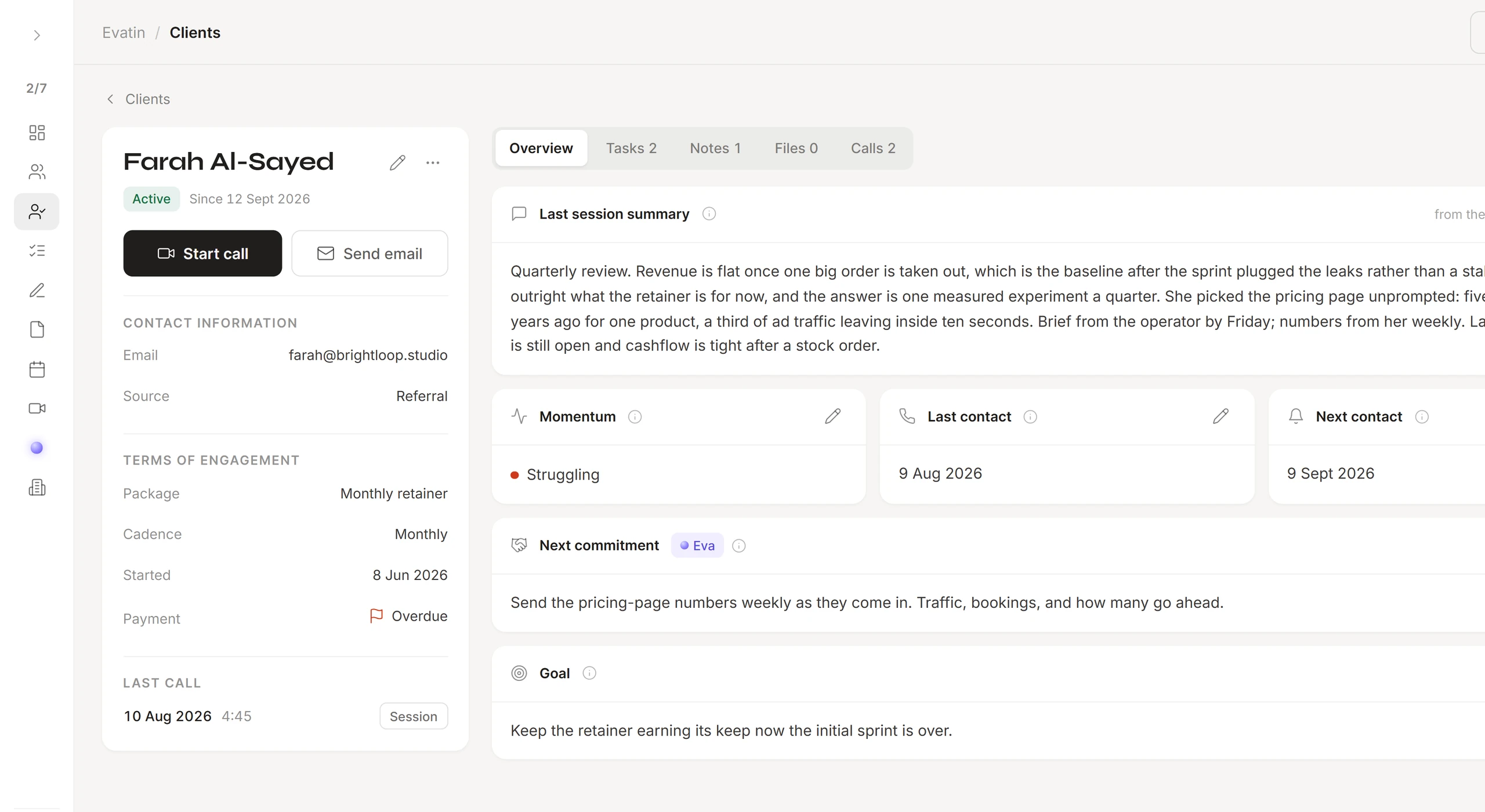A client's page: overview, last session summary, momentum and next contact