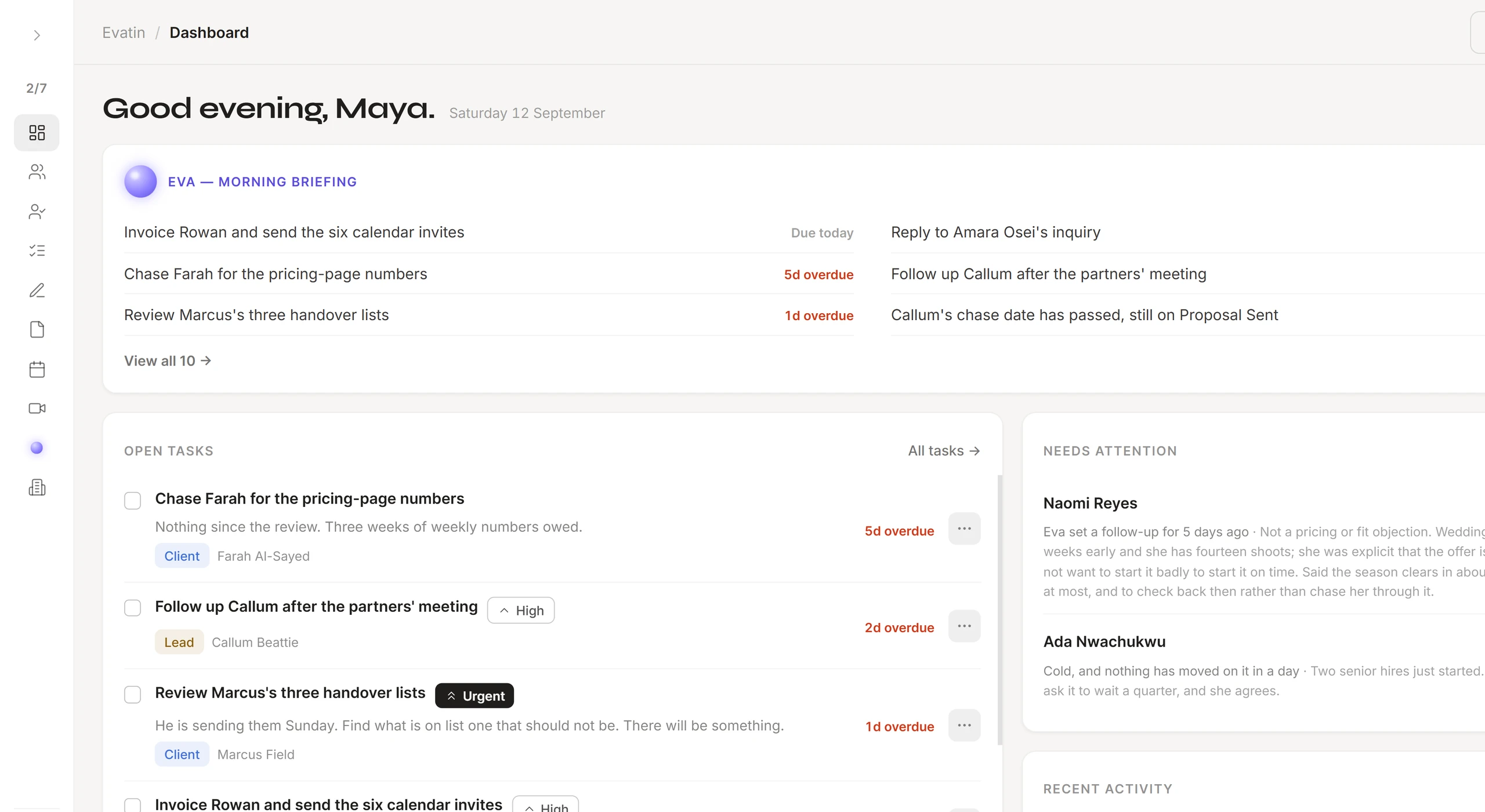 The Evatin dashboard: Eva's morning briefing, open tasks and leads that need attention
