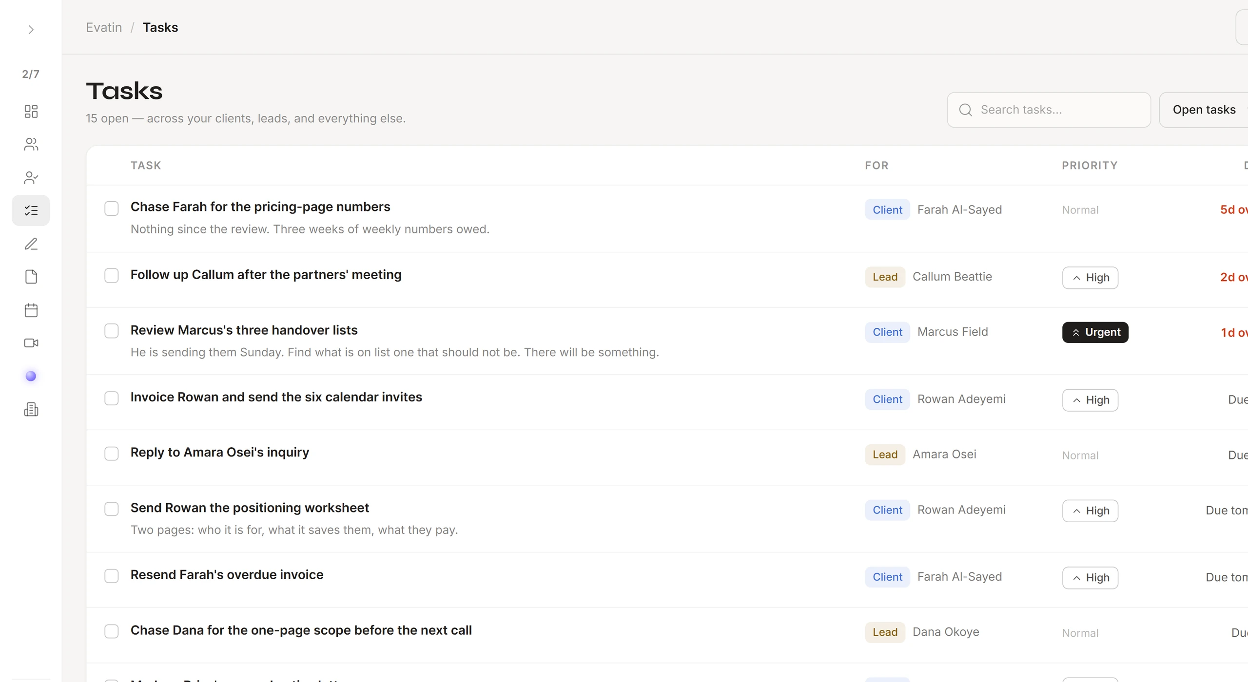 The Tasks page, ranked by urgency